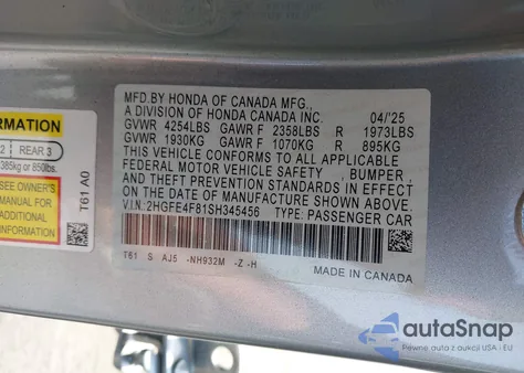 2025 Honda Civic Hybrid Sport/Sport Touring z USA, uszkodzony, nr VIN 2HGFE4F81SH345456